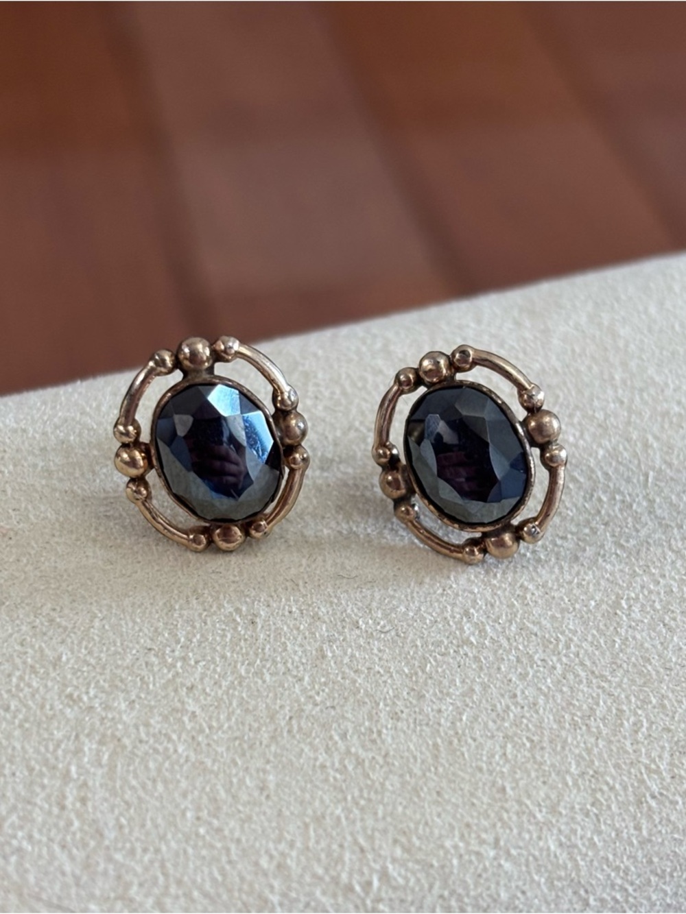 Vintage Bronze Tone Ornate Oval Earrings with Black Gemstones